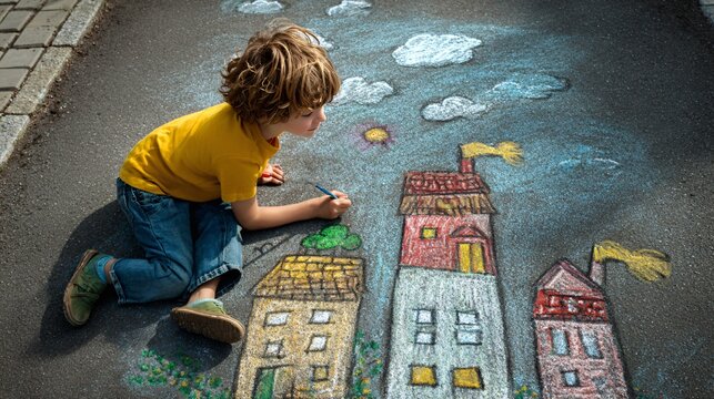 Child’s drawing on ground in chalk, overhead margin clean