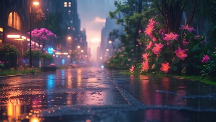 Obraz premium Wet City Street Pink Flowers Evening Rain night