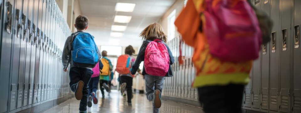 School children running in hallway with backpacks, excited for recess during a sunny afternoon
