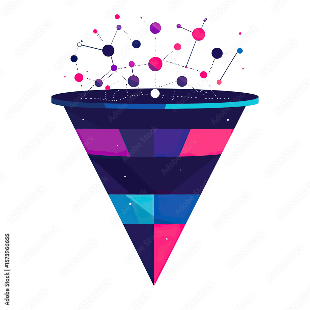 Poster abstract colorful inverted triangle funnel with connected data points and network nodes in futuristi