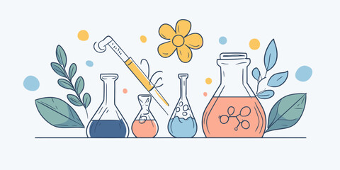 Hand drawn doodle chemistry lab glassware with colorful liquids and botanical elements in minimalist vector style for science education background