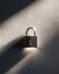 lock, black and silver lock icon projected as soft light on neutral wall, minimal scene with natural textures, symbolic of security