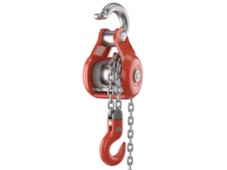 Red chain hoist lifting equipment rigging tool hook on transparent background