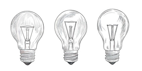Hand drawn sketch of three vintage incandescent light bulbs with visible filaments and screw bases in black and white pencil style vector illustration for energy and idea concepts