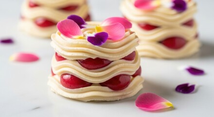 Miniature Vanilla Cakes with Fresh Cherries and Edible Flower Petals A Delightful Sweet Treat