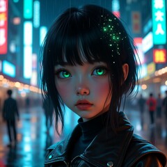 Hyper-realistic portrait of a girl with cyberpunk neon lights, rain reflections, Tokyo at night