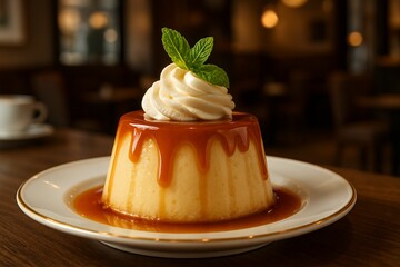 Elegant Cr&egrave;me Caramel Dessert with Caramel Drizzle and Mint Garnish in Caf&eacute; Setting