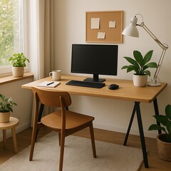 Interior shot of a modern home office setup with computer and plants.