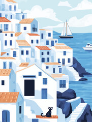 Flat playful seaside village with cute naive cats on white and blue rooftops, sailboats and pastel sky, ideal for greeting cards, wall art and packaging