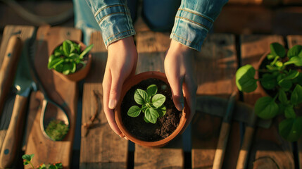 A POV of hands potting a small plant	pov, gardening, planting, hobby, first person view, hands, plant, self-care, nature, green thumb, lifestyle, home, potting
