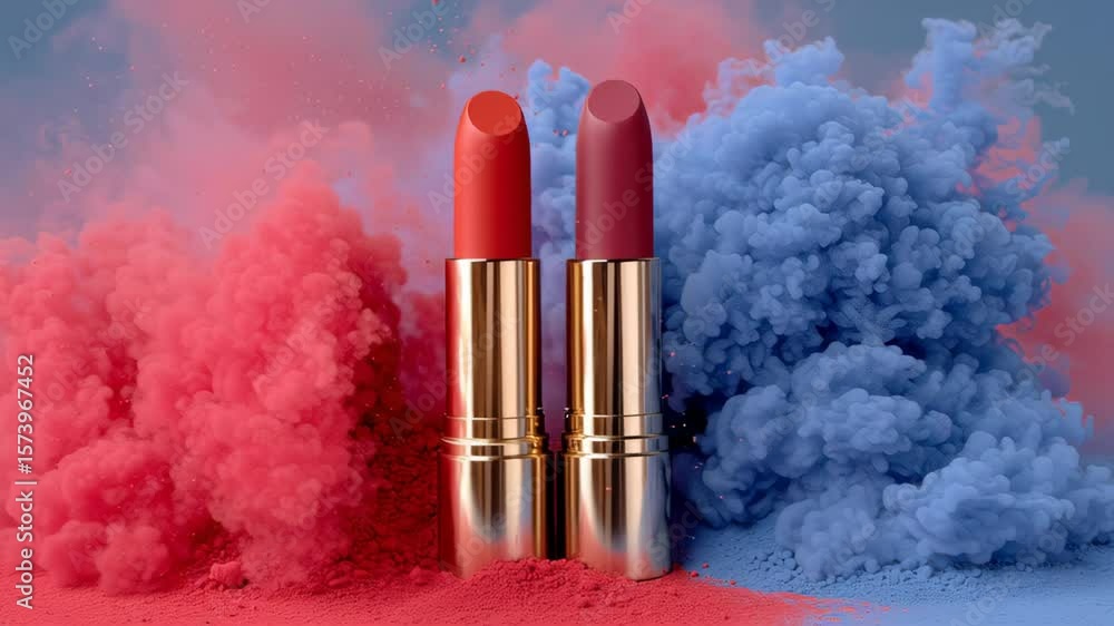 Poster two red and blue lipsticks are displayed on a table with a cloud of smoke in the background