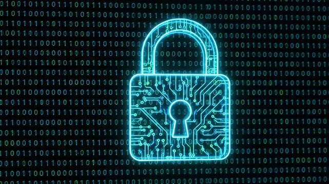 Cybersecurity Concept with Glowing Digital Padlock and Binary Code, Data Protection and Network Security Animation, Seamless Loop, AI Generated