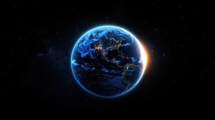 Obraz premium Night Earth, sunrise, space, city lights, globe, background stars, environmental, website header