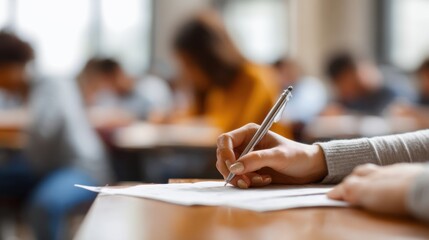 Students focusing on exam in classroom with bright natural light during daytime