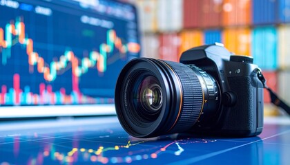 DSLR camera on surface with colorful stacked shipping containers and global stock chart overlay
