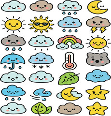 A delightful set of funny cartoon animal icons illustrating various weather symbols and elements like sun, clouds, rain, and snow for a charming forecast design