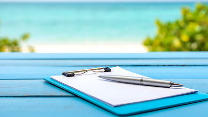 Blank Clipboard, Pen, Tropical Beach Background: Serene Summer Business Concept