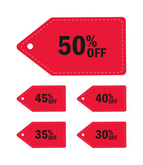 Collection of red sale tags featuring fifty, forty-five, forty, thirty-five, and thirty percent off discounts