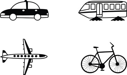 Modern vector set of transportation icons featuring airplane, bicycle, car, and helicopter silhouettes for travel and tourism