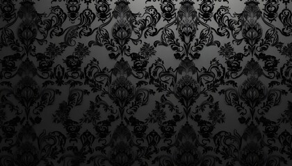 Ornate black damask pattern background with elegant floral swirls and vintage vibes
