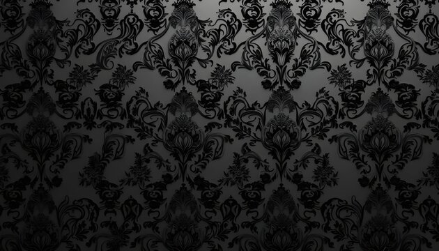 Ornate black damask pattern background with elegant floral swirls and vintage vibes