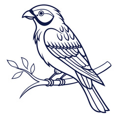 Obraz premium Dark Blue Line Art Wild Bird on Branch White Background