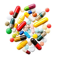 Colorful pills and capsules medicine healthcare treatment drugs pharmacy isolated on a transparent background