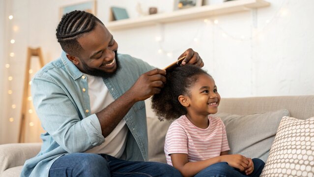 African american father brushing making hairstyle