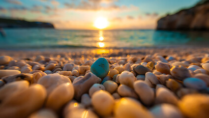 Serene Sunset Beach Scene: Teal Stone Amongst Smooth Pebbles, Golden Hour Light
