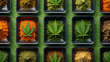 Cannabis and Spice Powders:  Aromatic Herbal Blend, Flat Lay, Green Background