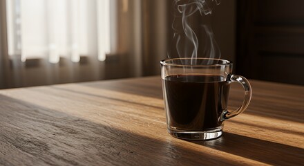 A steaming glass mug of hot black coffee sits on a rustic wooden table, illuminated by warm morning sunlight filtering through a window.