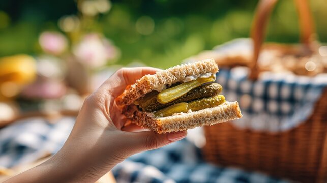 Hand holding delicious sandwich with gherkins at picnic outdoors. National Sandwich Month. German Sandwich Day
