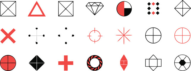 Vector art of a collection of various geometric symbols and shapes in red, black, and white.