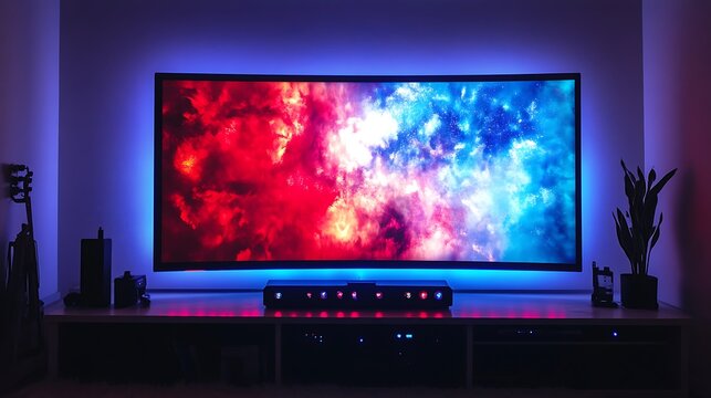 A curved tv displaying a colorful abstract image with led lighting around it
