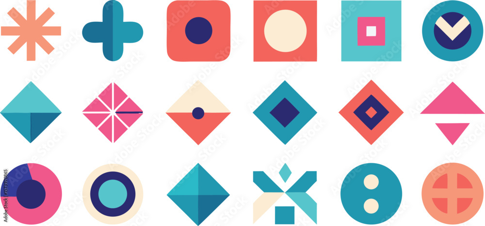 Poster vector art of a vibrant collection of abstract geometric shapes and icons in various colors and form