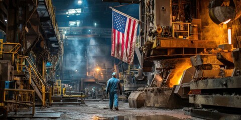 Steelworker navigating an industrial foundry in the United States during a busy daytime shift with American flag displayed prominently