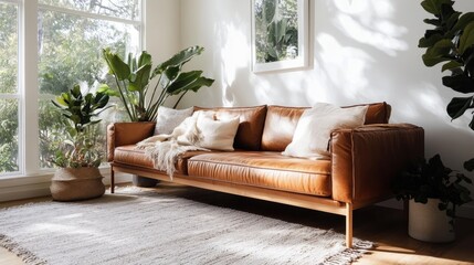 Cozy sunlit living room with leather sofa surrounded by lush green indoor plants