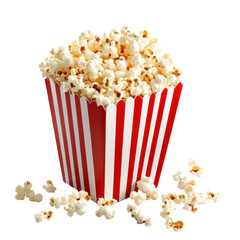 Buttery popcorn in a red and white striped bucket movie snack treat isolated on a transparent background