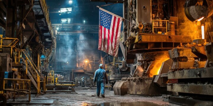 Steelworker navigating an industrial foundry in the United States during a busy daytime shift with American flag displayed prominently - Powered by Adobe