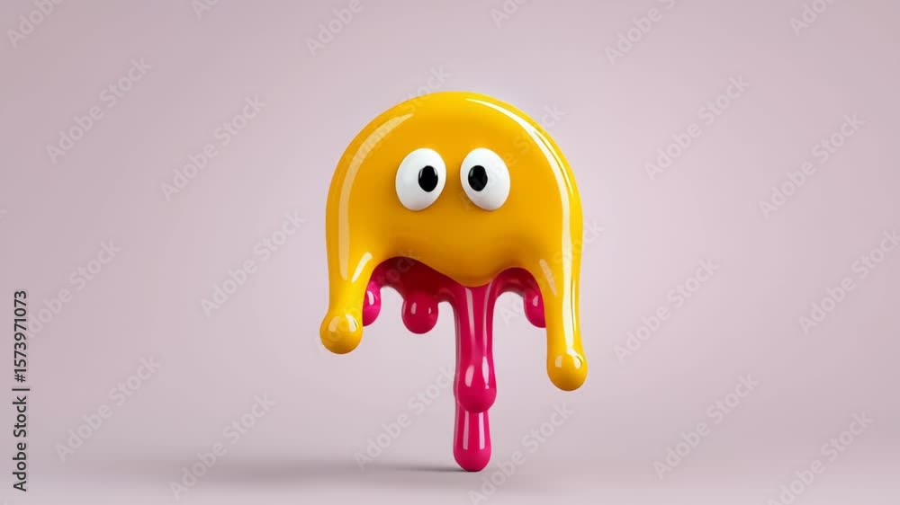 Poster yellow and pink blob with eyes that is dripping. the blob is floating in the air. the blob is a cart