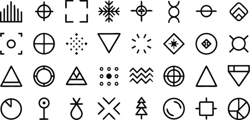 Vector art of a diverse collection of black geometric symbols and icons on a white background.