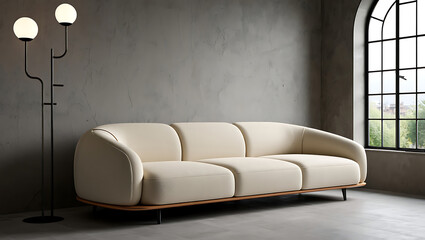 Modern Cream Sofa in Minimalist Loft Apartment with Arch Window and Floor Lamp