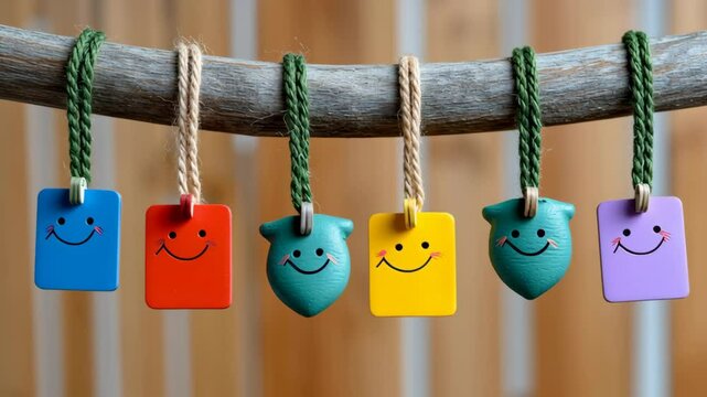 Row of colorful tags with smiling faces hanging from a wooden beam. The tags are of different colors and sizes, and they all have the same happy expression. Scene is cheerful and uplifting
