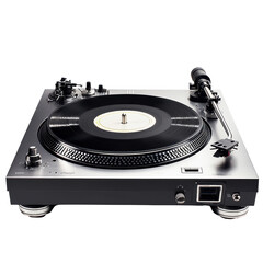 Silver turntable vinyl record player music audio DJ technology black background isolated on a transparent background