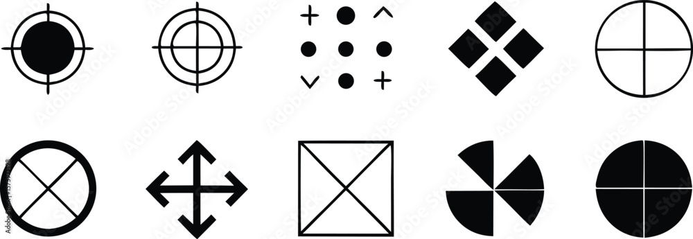 Poster vector art of a collection of ten different targeting and directional graphic symbols.
