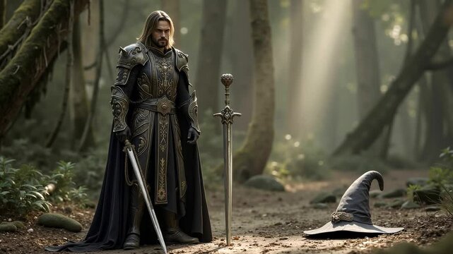 A man in armor standing in the woods with a sword and a hat