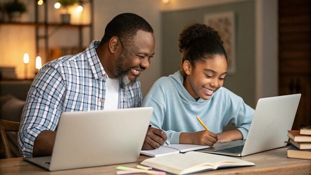 Happy African American father helps to study online to his teen age daughter.