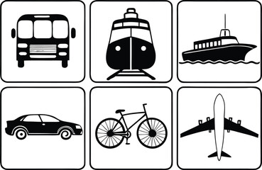 Diverse Transit: An illustration showcasing different modes of transport, including a bus, train, ferry, car, bicycle, and airplane.