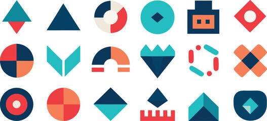 Vector art of a vibrant collection of abstract geometric shapes and icons in a flat design style.