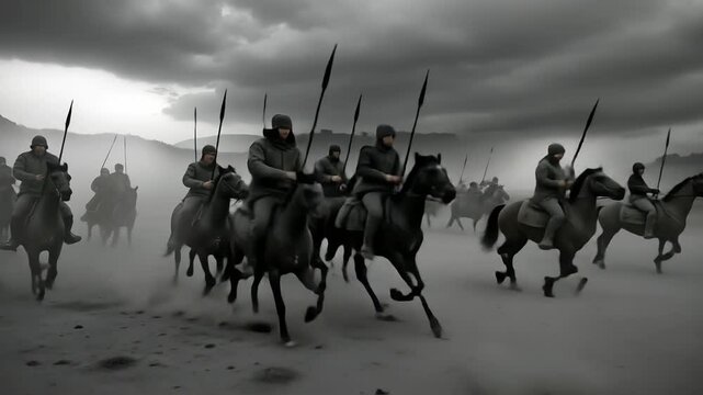 A group of men riding on the backs of horses on a beach